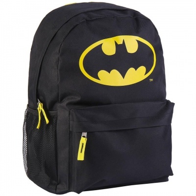 Mochila preta com logótipo amarelo do Batman e bolso frontal com fecho amarelo