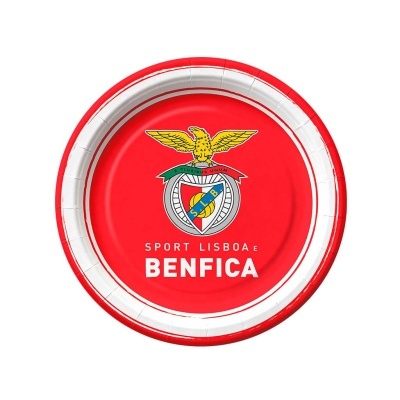 Prato de papel vermelho e branco com logotipo do Benfica