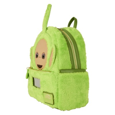 mochila infantil verde peluda com rosto sorridente e antena