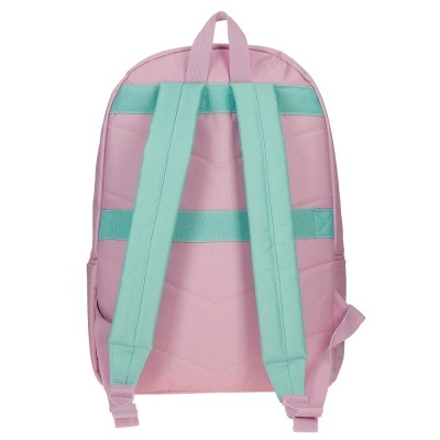 Mochila rosa com alças azul-claras e faixas horizontais azuis