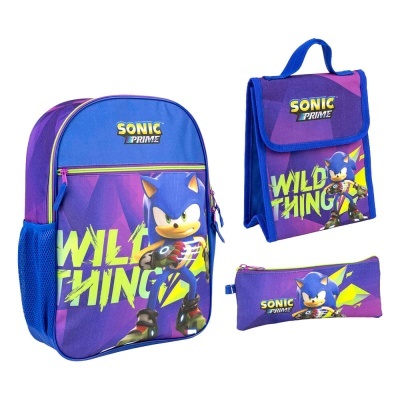 Conjunto escolar Sonic Prime azul e roxo com mochila, lancheira e estojo.