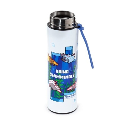 Garrafa térmica branca com design Minecraft e alça azul