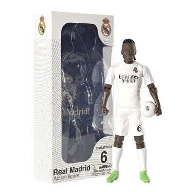 Figura de ação do jogador Camavinga do Real Madrid com bola e embalagem oficial