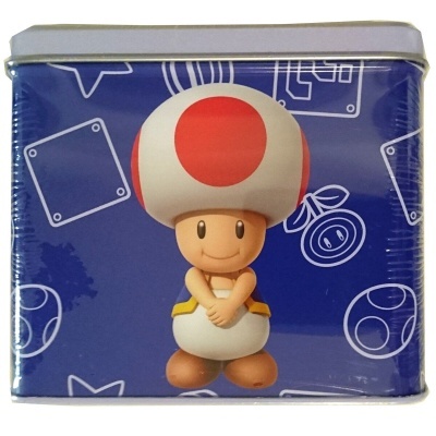 Lata azul com personagem Toad da série Mario e símbolos de jogos brancos