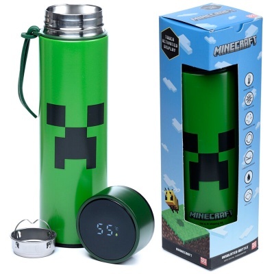 Garrafa térmica verde com rosto Creeper do Minecraft e caixa azul