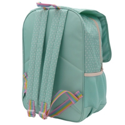 Mochila verde-água com alças coloridas e bolso lateral em rede