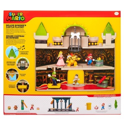 Caixa do brinquedo Super Mario Deluxe Bowser's Castle Playset com figuras e castelo.