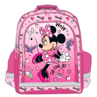 Mochila infantil rosa com personagem Minnie Mouse e padrões coloridos