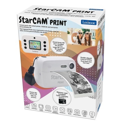 Embalagem colorida de câmara instantânea StarCAM Print da Lexibook com imagem do produto e foto impressa.