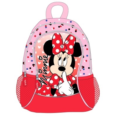Mochila infantil rosa com estampa da Minnie Mouse em vermelho e preto