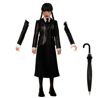 Figura de ação feminina com uniforme preto risca de giz e guarda-chuva