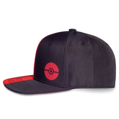 Boné snapback preto com símbolo vermelho de Pokébola e padrão vermelho na aba