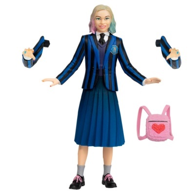 Figura articulada de personagem com blazer azul e saia azul, cabelo loiro com pontas rosa e azul, com mochila rosa e braços extra.