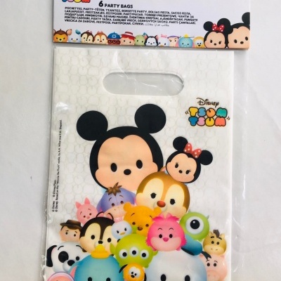 Pacote sacos festa Disney Tsum Tsum com personagens coloridos e alça de dedo