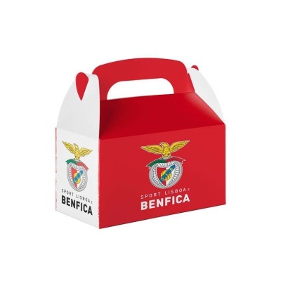 Caixa vermelha e branca com emblema do Benfica e texto do clube