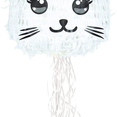 Piñata forma cabeça de gato branca com orelhas rosa e franjas penduradas