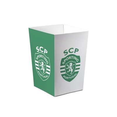 caixa de papel verde e branca com símbolo do Sporting CP
