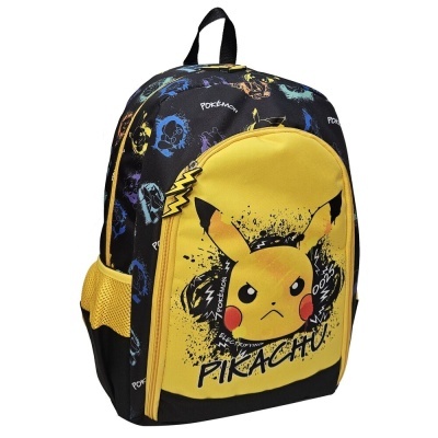 Mochila preta e amarela com estampa do Pikachu e texto PIKACHU