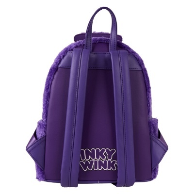 Mochila roxa com texto 'INKY WINK' e detalhes em tecido felpudo