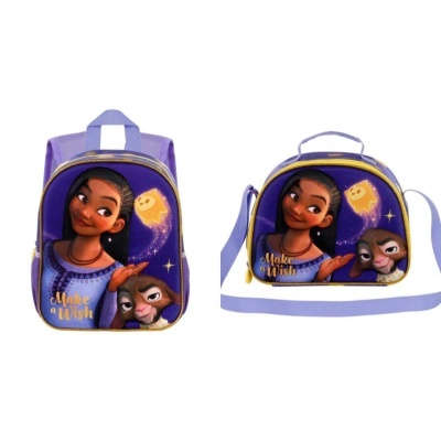 Mochila e mala de ombro roxas com personagens femininas e coelho, texto Make a Wish.