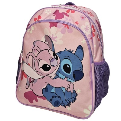 Mochila infantil rosa com personagens Stitch e Angel em padrão floral