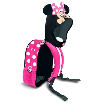 Mochila infantil rosa e preta com design de Minnie Mouse