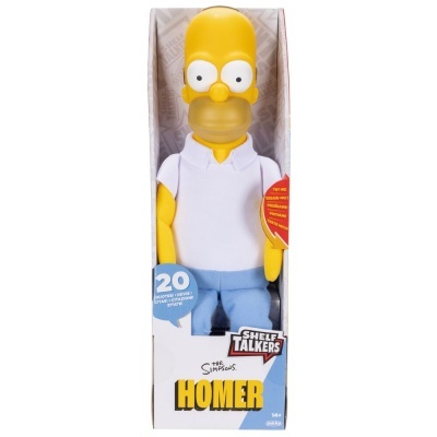 Boneco do Homer dos Simpsons em caixa com texto promocional e cores branco, amarelo e azul