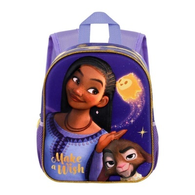 Mochila infantil roxa com estampa colorida e texto 'Make a Wish'