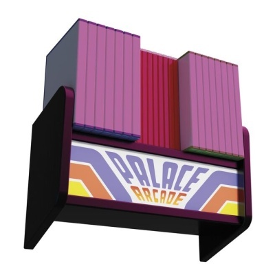 Suporte com caixas coloridas e texto Palace Arcade