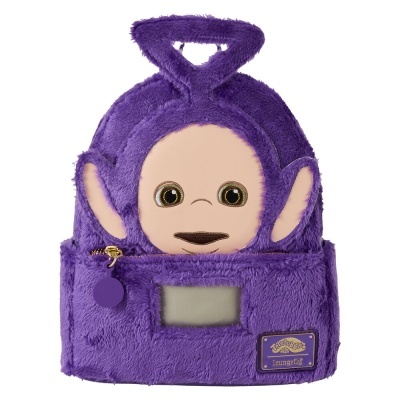 Mochila infantil felpuda roxa com rosto do personagem Tinky Winky e bolso frontal com fecho