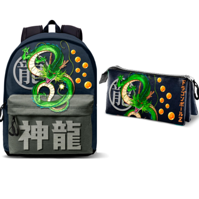 Mochila e estojo Dragon Ball Z com dragão verde e esferas laranja
