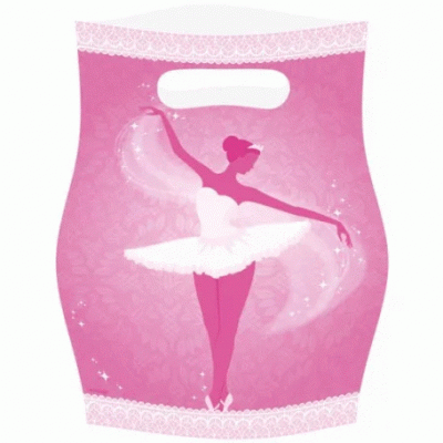 Saco rosa com estampa de bailarina branca e detalhes rendados