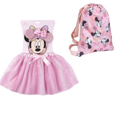 Vestido infantil rosa brilhante e mochila com padrão Minnie Mouse rosa.