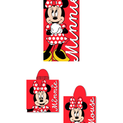 Toalhas vermelhas com estampa da personagem Minnie Mouse com laço vermelho de bolinhas brancas