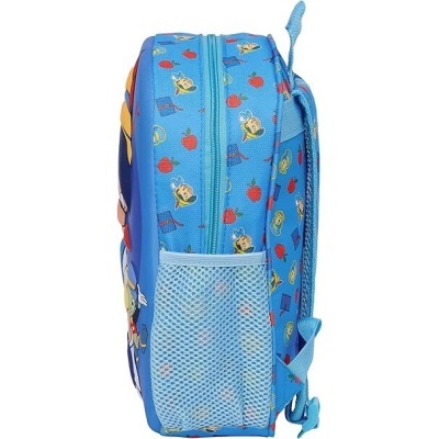 Mochila escolar azul com padrão colorido e bolso lateral em rede