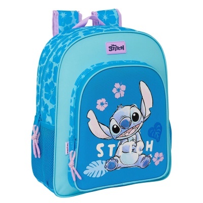 Mochila azul e lilás com estampa do Stitch e detalhes florais