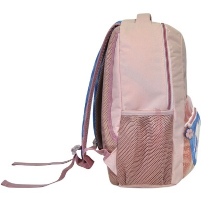 Mochila infantil rosa e azul vista lateral com bolso em rede