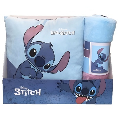 Conjunto almofada e manta Disney Stitch em azul e rosa com embalagem azul