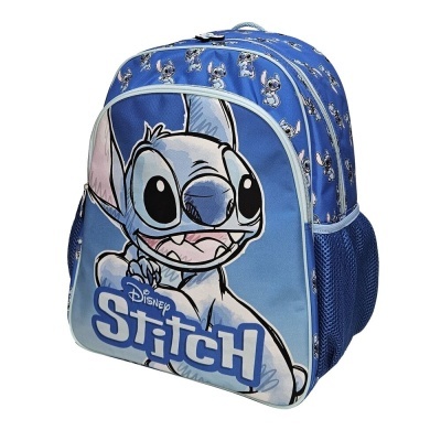 Mochila azul com personagem Stitch da Disney e bolso frontal