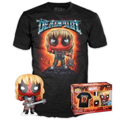 T-shirt preta Deadpool estilo Funko Pop, figura de vinil Deadpool e caixa da Marvel