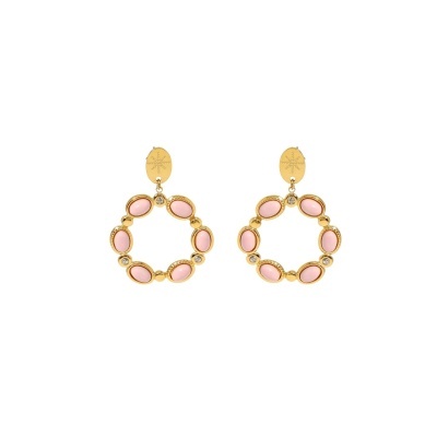 Brincos dourados com pedras cor-de-rosa e cristais em argola