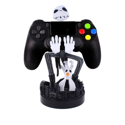 Suporte para comando de videojogo com figura de Jack Skellington em preto e branco e base redonda.