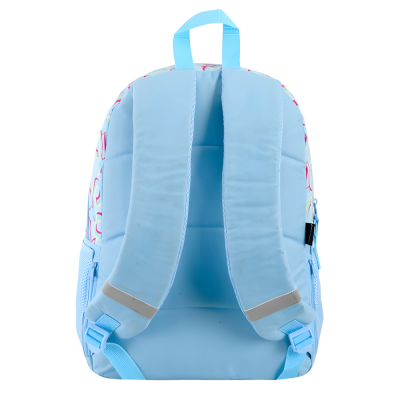 Mochila azul clara com alças acolchoadas e detalhes refletivos