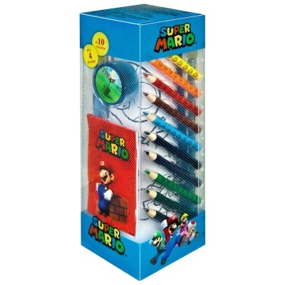 Conjunto Super Mario de lápis de cor numa caixa azul com várias cores e apontador