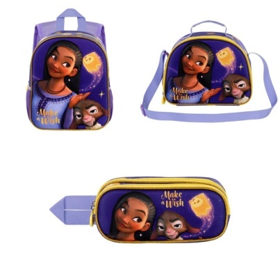 Mochila, lancheira e estojo escolares roxos com ilustração e texto 'Make a Wish'.