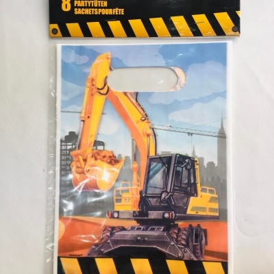 Sacos de festa com motivo de escavadora amarela e faixas amarelas e pretas, embalagem com etiqueta preta.