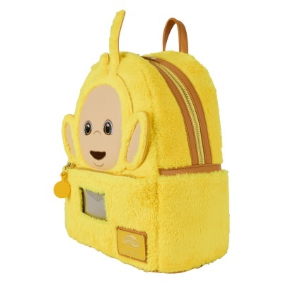 Mochila amarela felpuda com design infantil e bolso frontal