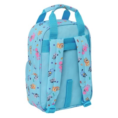 Mochila infantil azul clara com padrão de animais coloridos e alças acolchoadas