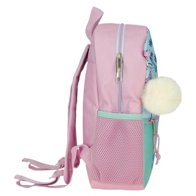 Mochila infantil rosa e azul claro com bolso em rede e pompom branco