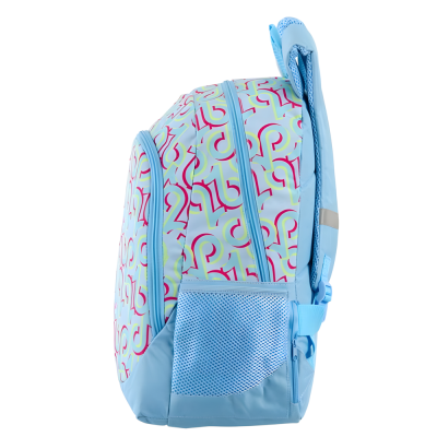 Mochila azul clara padrão colorido com bolsos e alças ajustáveis